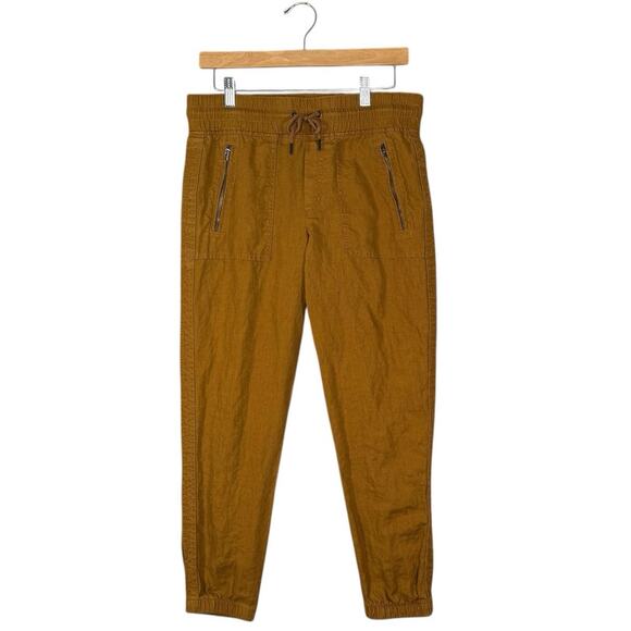 Athleta Cabo Linen Joggers Brown Mustard Elastic Waist Drawstring Pants | Size 4 - Picture 2 of 12